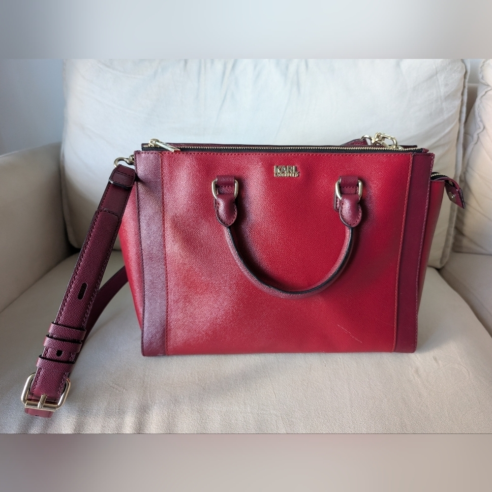 Karl Lagerfeld Saffiano Leather Satchel, Burgundy - Picture 2 of 13